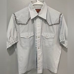 Vintage SHEPLARS WOMAN’s small Grey Western Pearl Snap- Silver Bling Blouse